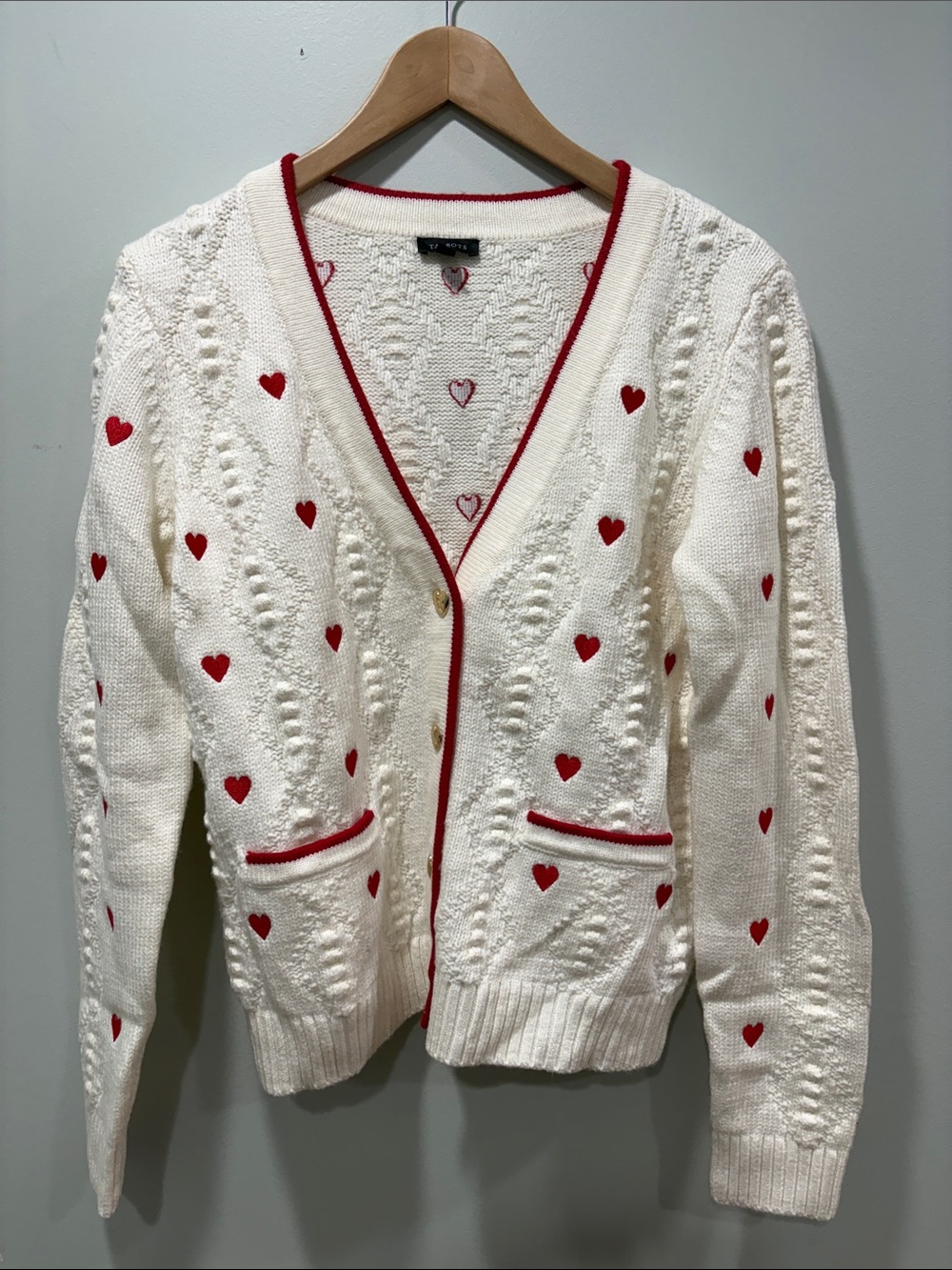 Talbots White Cardigan Sweater with Red Heart Details.